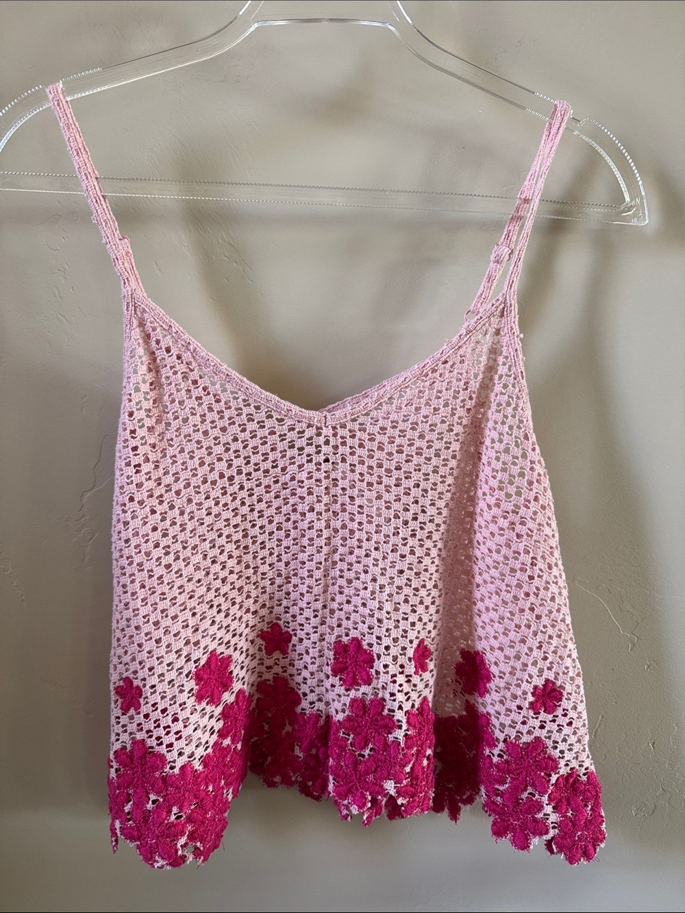 Free People Light Pink Crochet Cami with Fuchsia Floral Edge